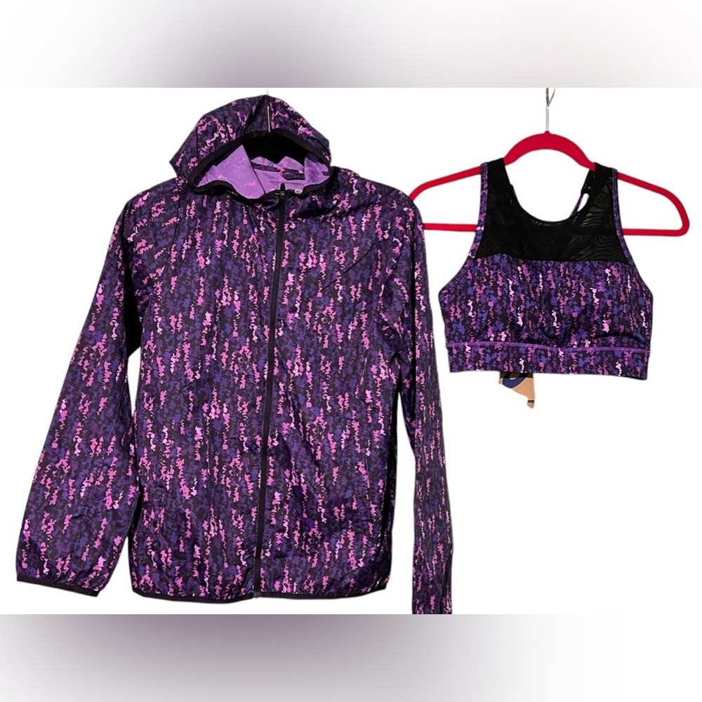 Asics SET 2 piece women’s packable‎ jacket & sports bra purple black size small